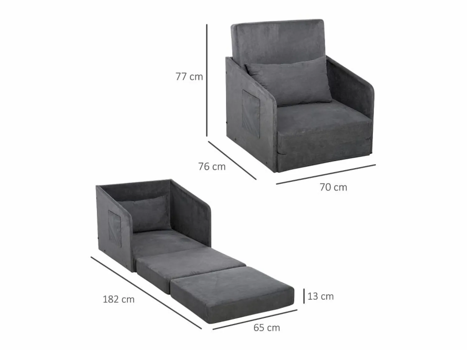 New Sillón convertible en cama, 2 bolsillos de almacenamiento, estructura de metal, poliéster, (70x76x77 cm) Sillón Cama