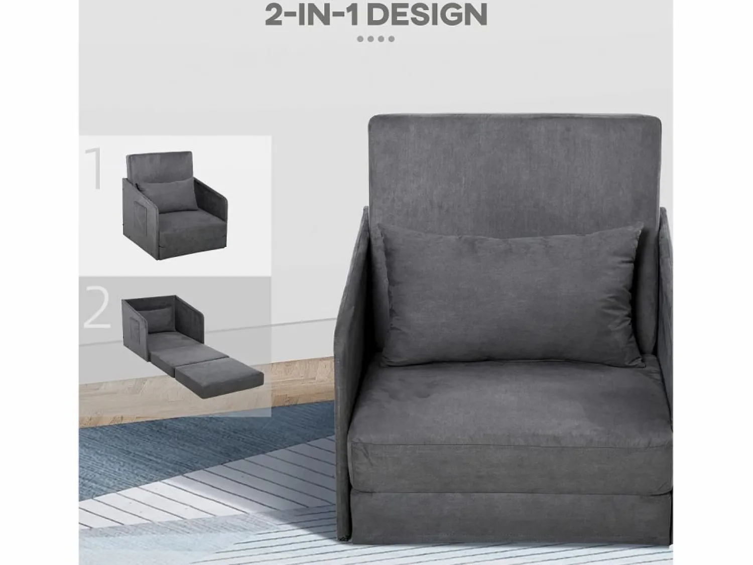 New Sillón convertible en cama, 2 bolsillos de almacenamiento, estructura de metal, poliéster, (70x76x77 cm) Sillón Cama