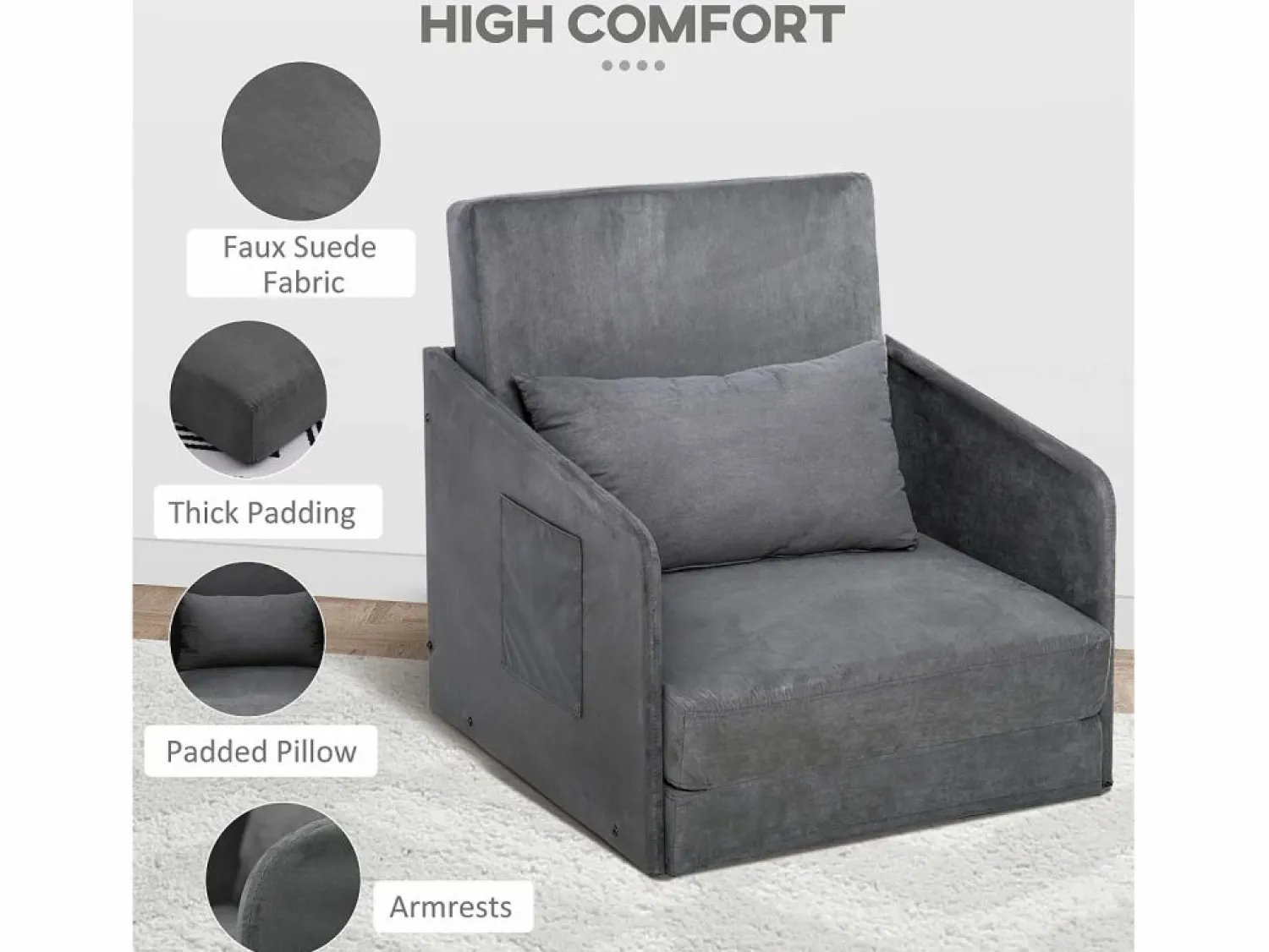 New Sillón convertible en cama, 2 bolsillos de almacenamiento, estructura de metal, poliéster, (70x76x77 cm) Sillón Cama