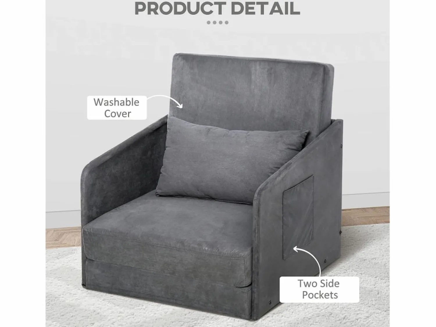 New Sillón convertible en cama, 2 bolsillos de almacenamiento, estructura de metal, poliéster, (70x76x77 cm) Sillón Cama