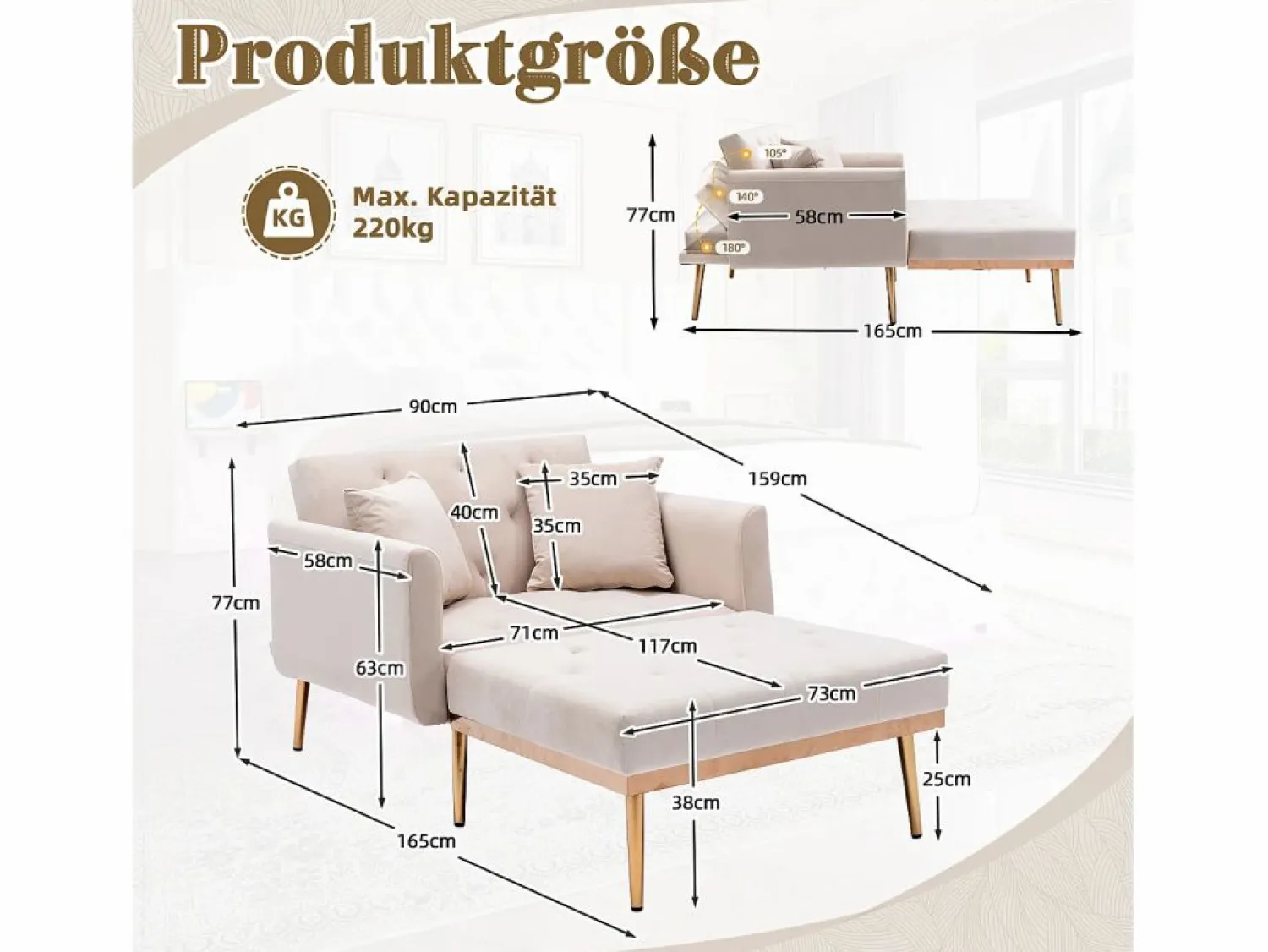 Hauss Spole Sillón convertible en terciopelo con respaldo regulable en 3 posiciones 165x90x77cm Beige