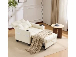 Clearance OKWISH Sillón de 1 plaza en cuero sintético con puerto USB y portavasos - Convertible en cama o chaise longue Blanco
