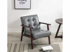 Outlet Sillón de cuero artificial tapizado estilo vintage - Sillón de madera natural para oficina o dormitorio, azul Sillón De Piel