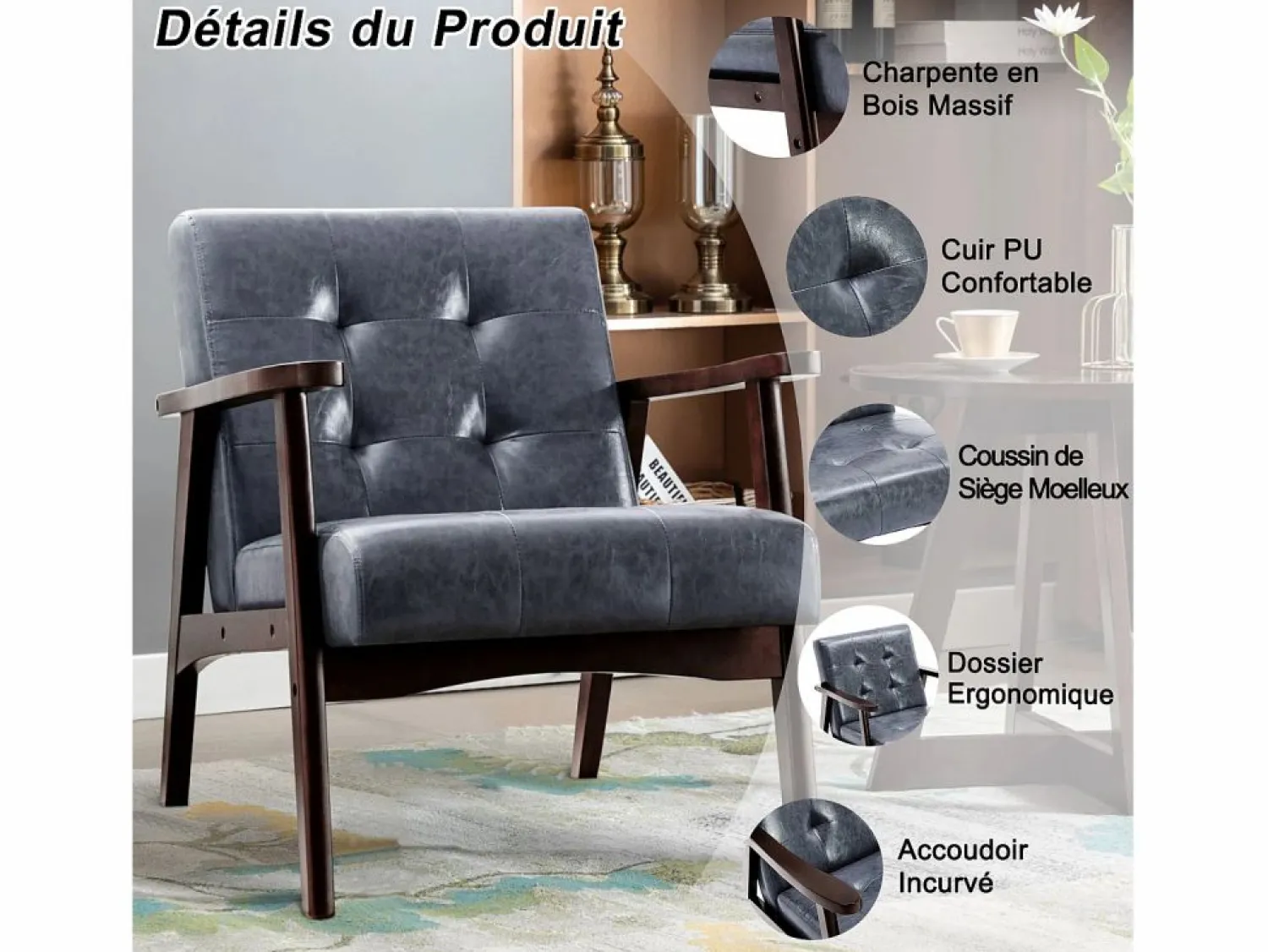 Outlet Sillón de cuero artificial tapizado estilo vintage - Sillón de madera natural para oficina o dormitorio, azul Sillón De Piel