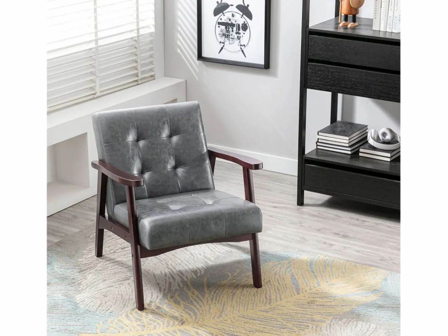 Outlet Sillón de cuero artificial tapizado estilo vintage - Sillón de madera natural para oficina o dormitorio, azul Sillón De Piel