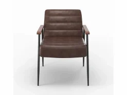 New Sillón de cuero de búfalo marrón y metal negro - Hugues Sillón De Piel