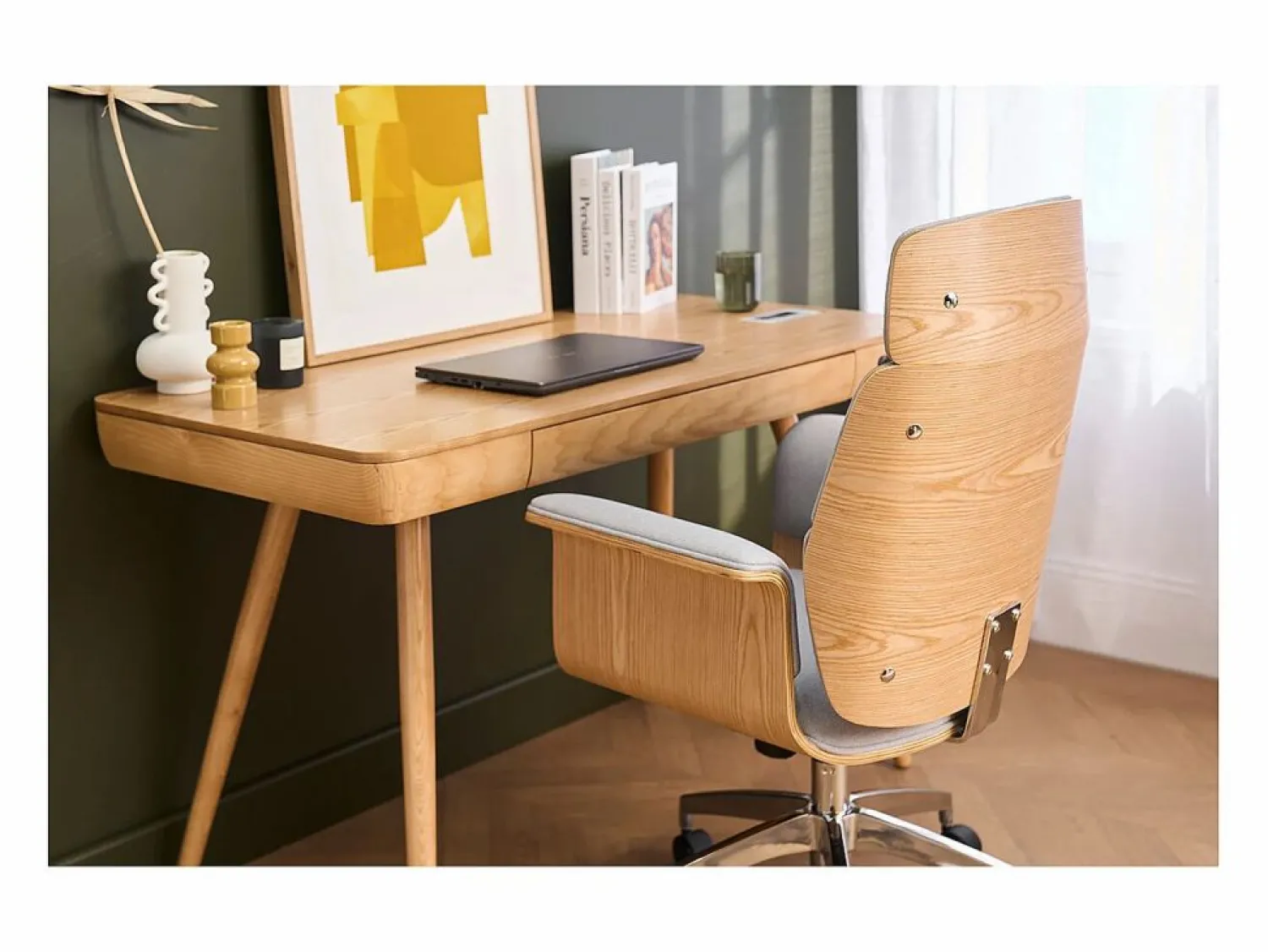 Sale Miliboo Sillón de escritorio en tejido y madera clara ELON Gris