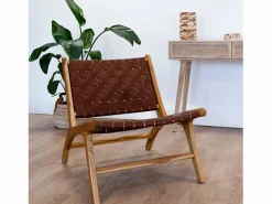 Rendez-Vous Déco Sillón de teca y cuero tejido marrón - Kuna