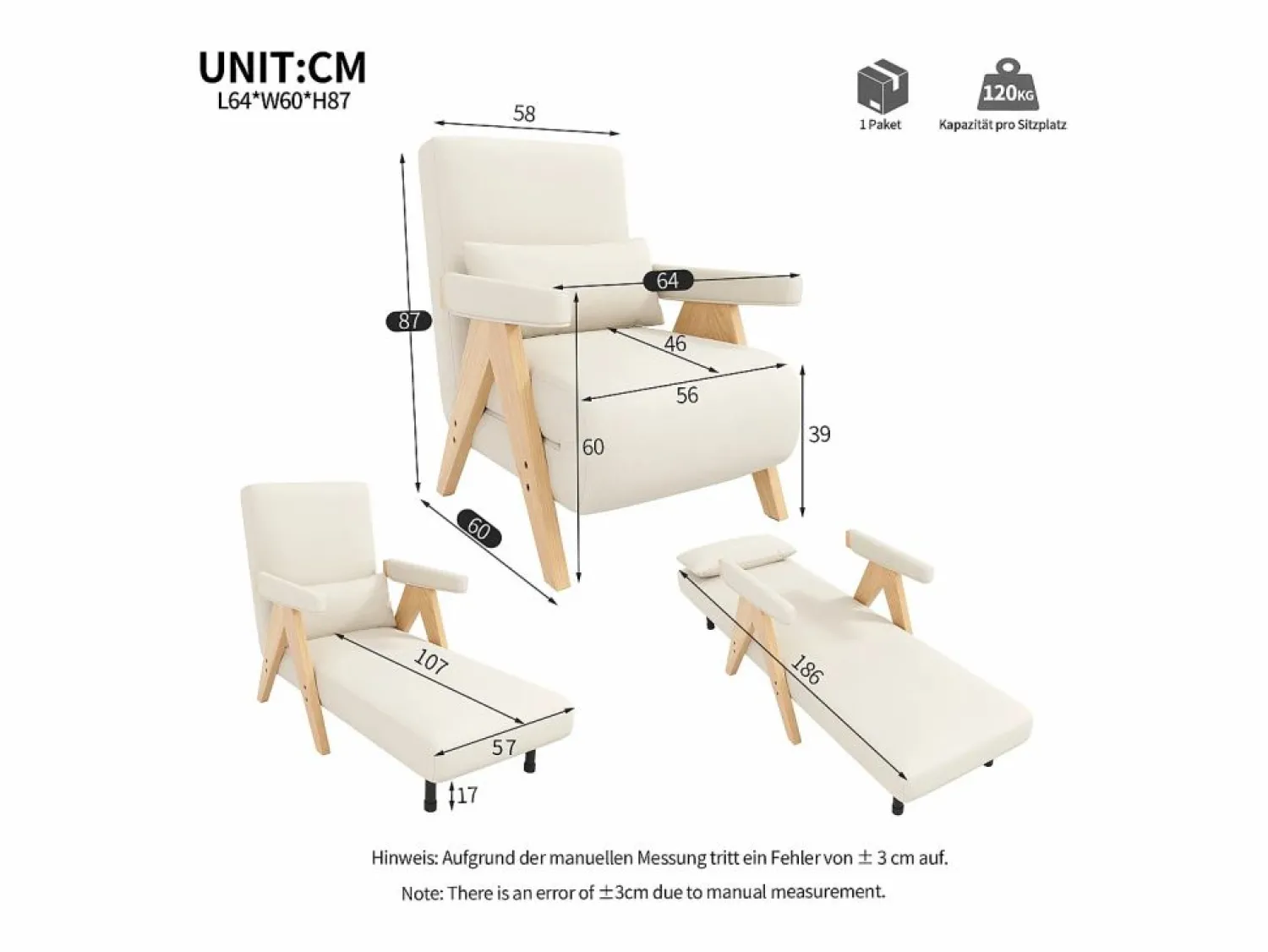 Clearance Sillón individual 64x68,5x93 cm - convertible 3 en 1 - acolchado - lino - beige + natural Sillón Cama