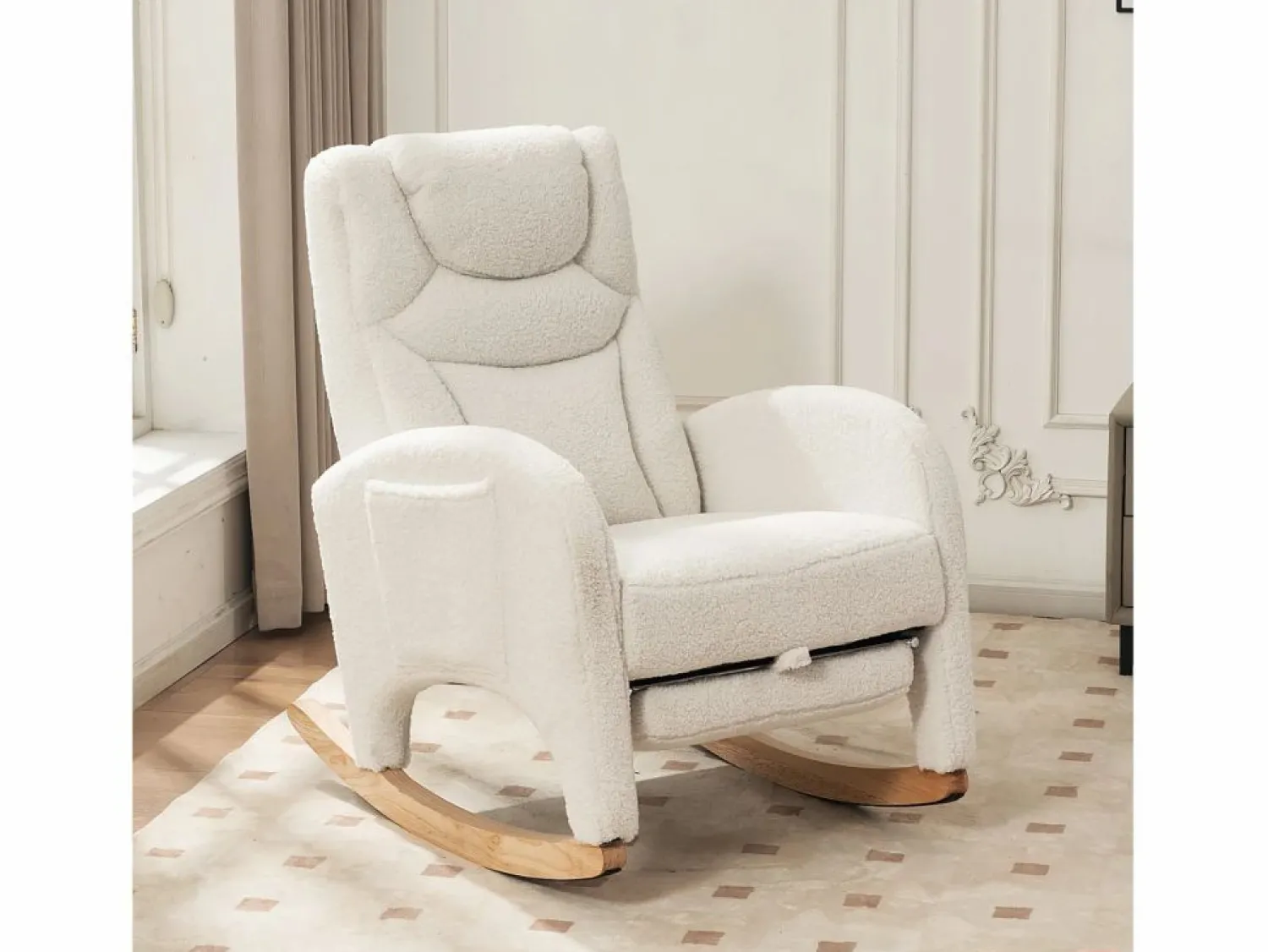 Online OKWISH Sillón mecedor con reposabrazos, respaldo y reposapiés retráctil - tela afelpada - para salas de estar y estudios Blanco