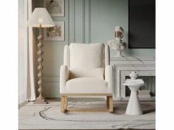 Sillón, mecedora con cojín, silla de ocio, adecuada para sala de estar, dormitorio, balcón, lino, beige.