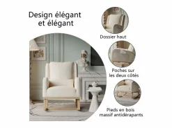 Sillón, mecedora con cojín, silla de ocio, adecuada para sala de estar, dormitorio, balcón, lino, beige.