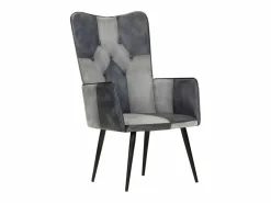New vidaxl Sillón orejero de cuero auténtico Gris