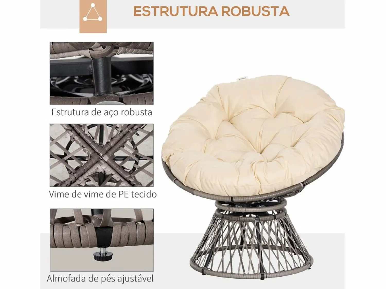 Online Outsunny Sillón papasan giratorio con cojín /crema 90x87x97 cm Gris