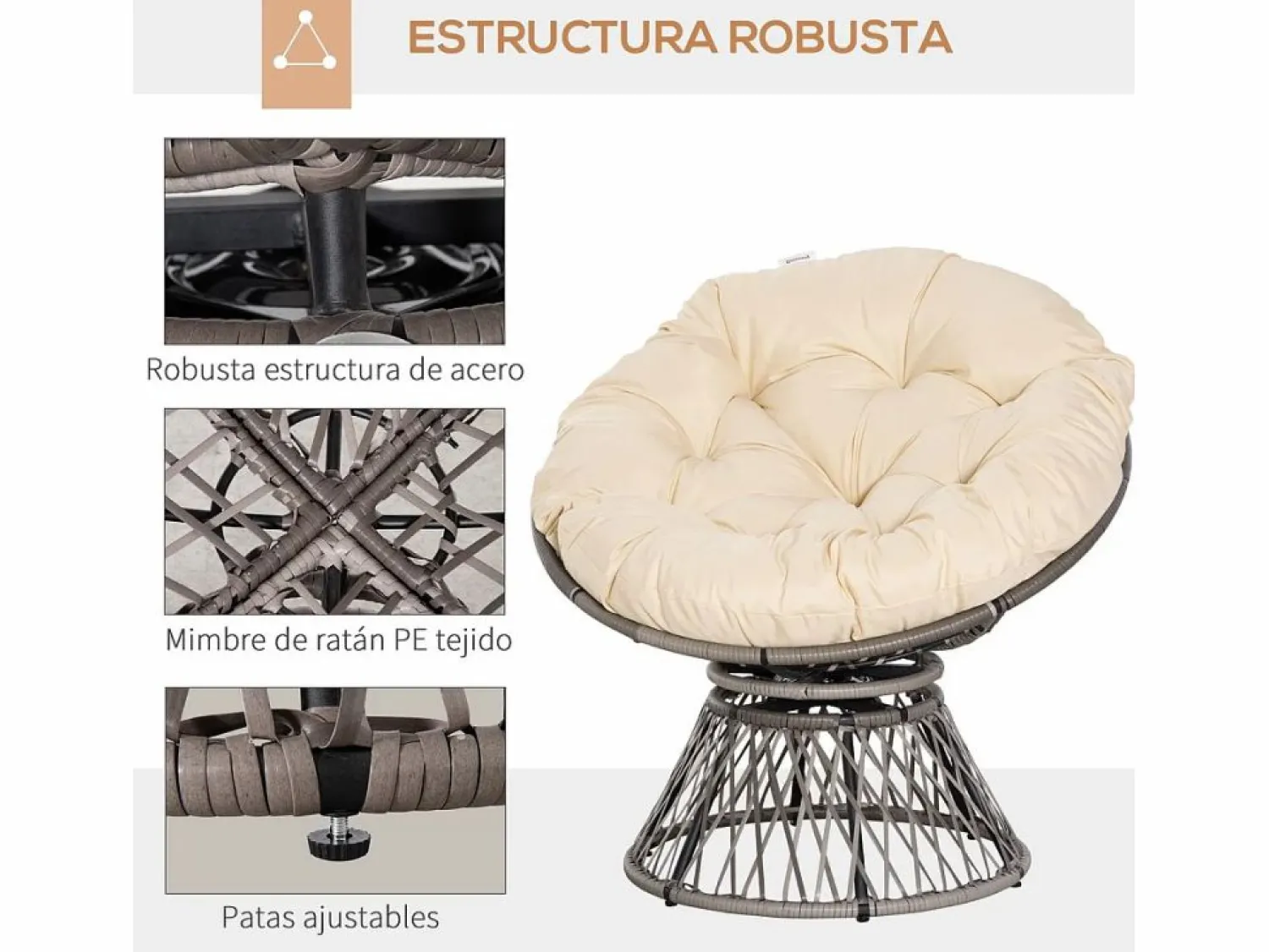 Online Outsunny Sillón papasan giratorio con cojín /crema 90x87x97 cm Gris