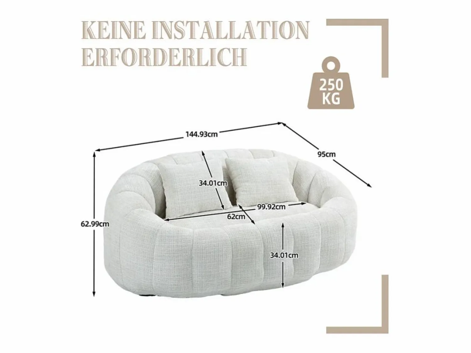 DripeX Sillón Perezoso de Chenilla - 2 Plazas - con 2 Cojines - 62cm Profundidad de Asiento - Carga Máx. 250kg - Beige