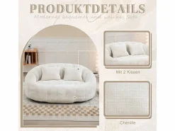 DripeX Sillón Perezoso de Chenilla - 2 Plazas - con 2 Cojines - 62cm Profundidad de Asiento - Carga Máx. 250kg - Beige