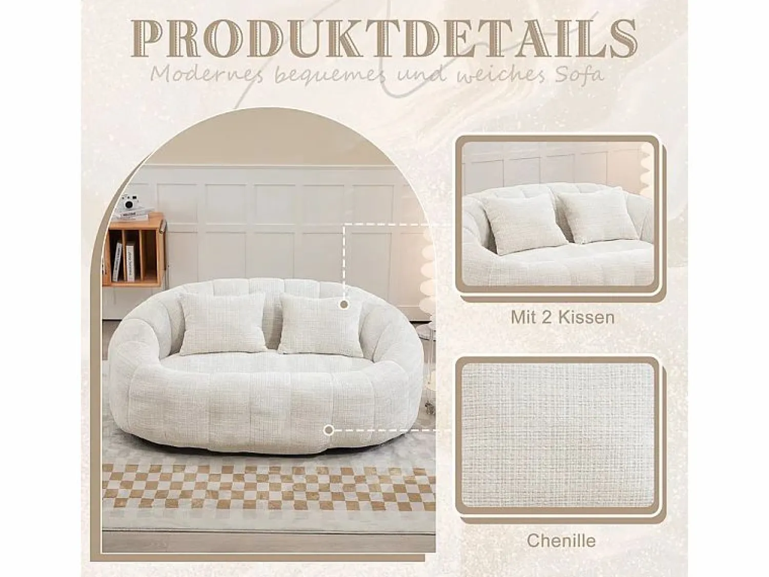DripeX Sillón Perezoso de Chenilla - 2 Plazas - con 2 Cojines - 62cm Profundidad de Asiento - Carga Máx. 250kg - Beige