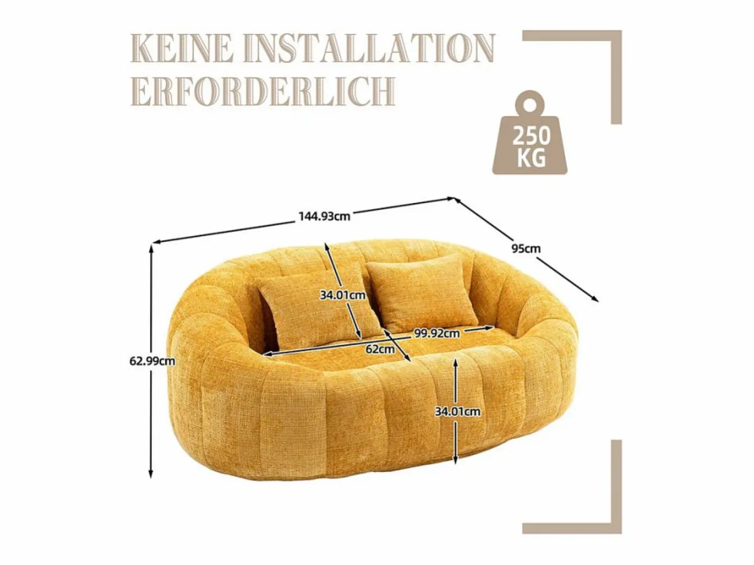 New DripeX Sillón Perezoso de Chenilla - 2 Plazas - con 2 Cojines - 62cm Profundidad de Asiento - Carga Máx. 250kg - Amarillo