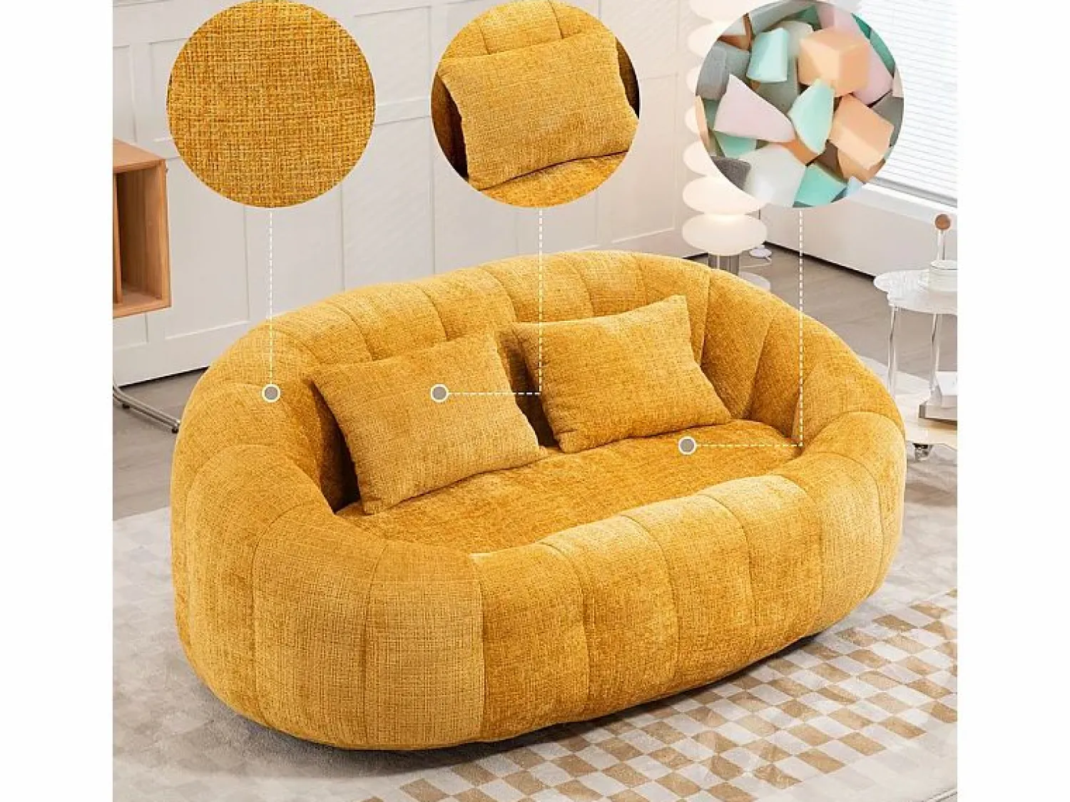 New DripeX Sillón Perezoso de Chenilla - 2 Plazas - con 2 Cojines - 62cm Profundidad de Asiento - Carga Máx. 250kg - Amarillo