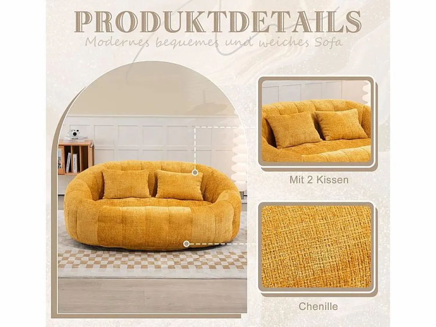 New DripeX Sillón Perezoso de Chenilla - 2 Plazas - con 2 Cojines - 62cm Profundidad de Asiento - Carga Máx. 250kg - Amarillo