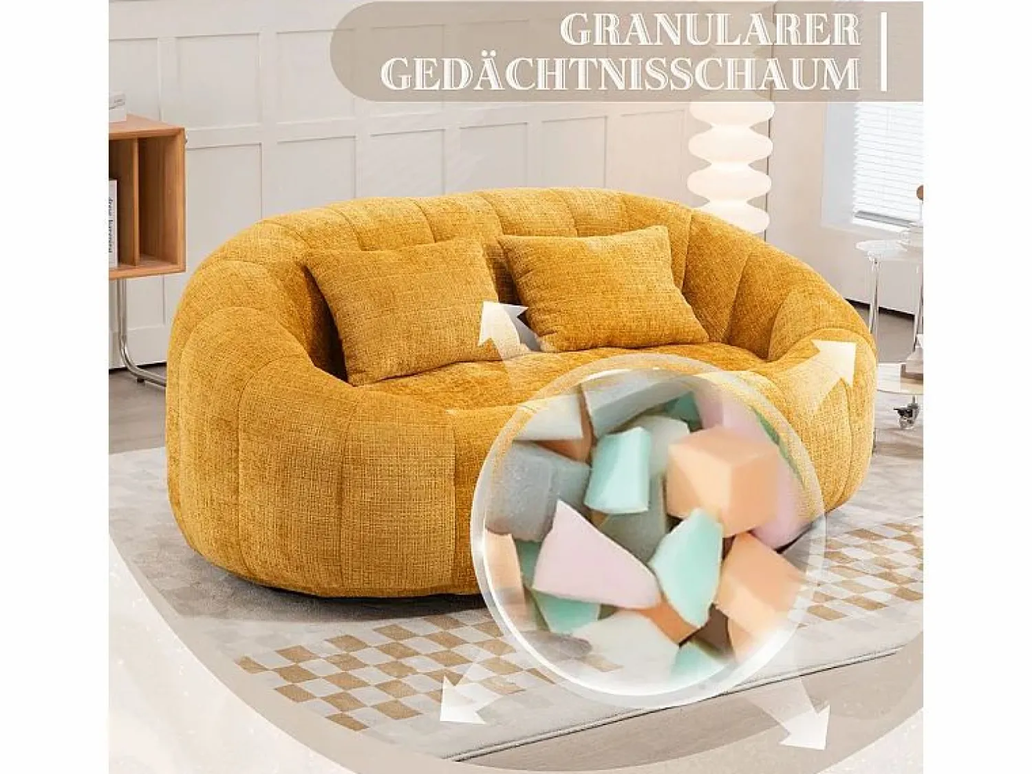 New DripeX Sillón Perezoso de Chenilla - 2 Plazas - con 2 Cojines - 62cm Profundidad de Asiento - Carga Máx. 250kg - Amarillo