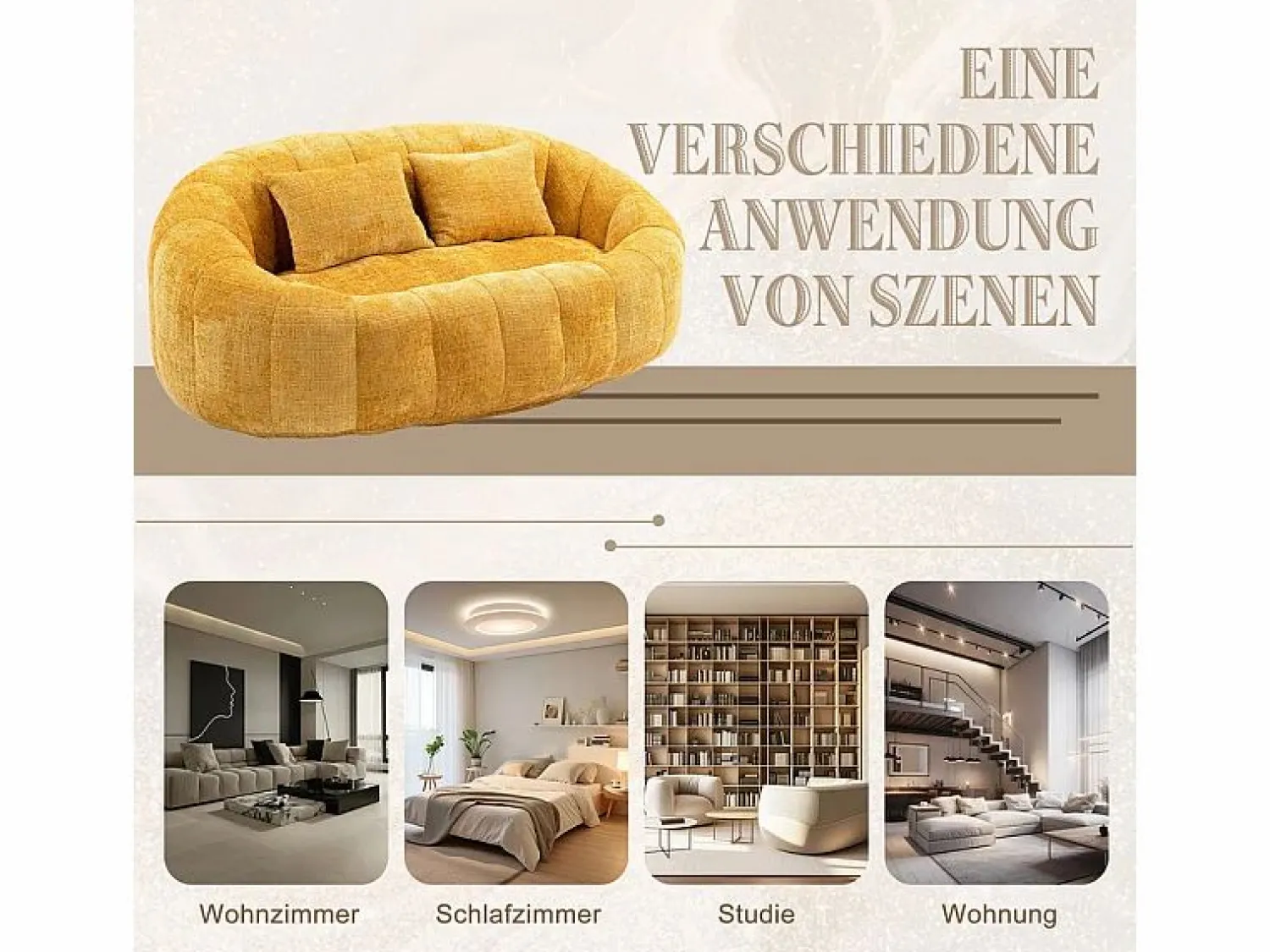 New DripeX Sillón Perezoso de Chenilla - 2 Plazas - con 2 Cojines - 62cm Profundidad de Asiento - Carga Máx. 250kg - Amarillo
