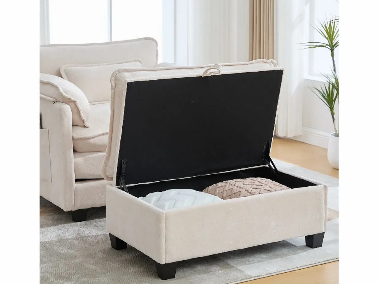 Clearance Sillón reclinable individual con otomana - Sillón lounge de chenilla con respaldo alto - Integración de bolsillos laterales Beige