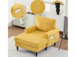 Outlet Sillón Relax de 1 Plaza en Chenilla - Respaldo Envolvente, Asiento Extra Profundo 100cm, Estructura 250kg - Para Salón, Oficina o Balcón - Patas de Madera Maciza Amarillo