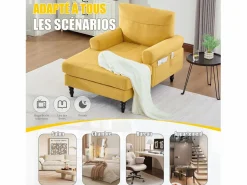 Outlet Sillón Relax de 1 Plaza en Chenilla - Respaldo Envolvente, Asiento Extra Profundo 100cm, Estructura 250kg - Para Salón, Oficina o Balcón - Patas de Madera Maciza Amarillo