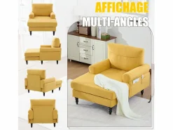 Outlet Sillón Relax de 1 Plaza en Chenilla - Respaldo Envolvente, Asiento Extra Profundo 100cm, Estructura 250kg - Para Salón, Oficina o Balcón - Patas de Madera Maciza Amarillo