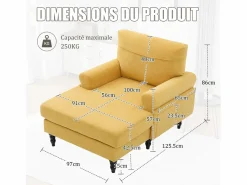 Outlet Sillón Relax de 1 Plaza en Chenilla - Respaldo Envolvente, Asiento Extra Profundo 100cm, Estructura 250kg - Para Salón, Oficina o Balcón - Patas de Madera Maciza Amarillo