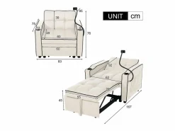 Outlet ModernLuxe Sillón retráctil de terciopelo - con portavasos + soporte para teléfono móvil - Beige