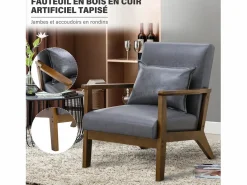 New Sillón tapizado estilo vintage de madera maciza - Silla de oficina/dormitorio (68,5 x 81 x 80 cm) en piel sintética gris Marru00f3n
