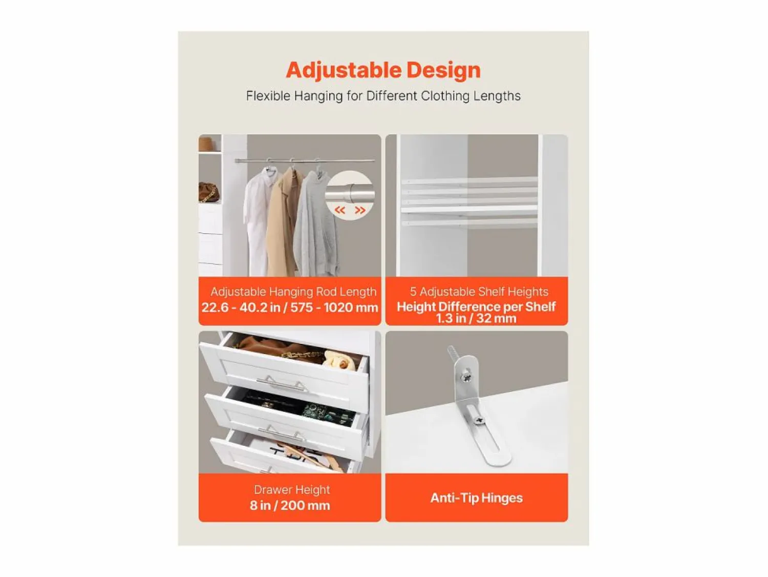 Best Sistema de Armario SucceBuy con 3 Cajones, Sistema de Organización de Armario de Madera de Altura Ajustable, Colgador de Ropa para Almacenamiento de Dormitorio Blanco