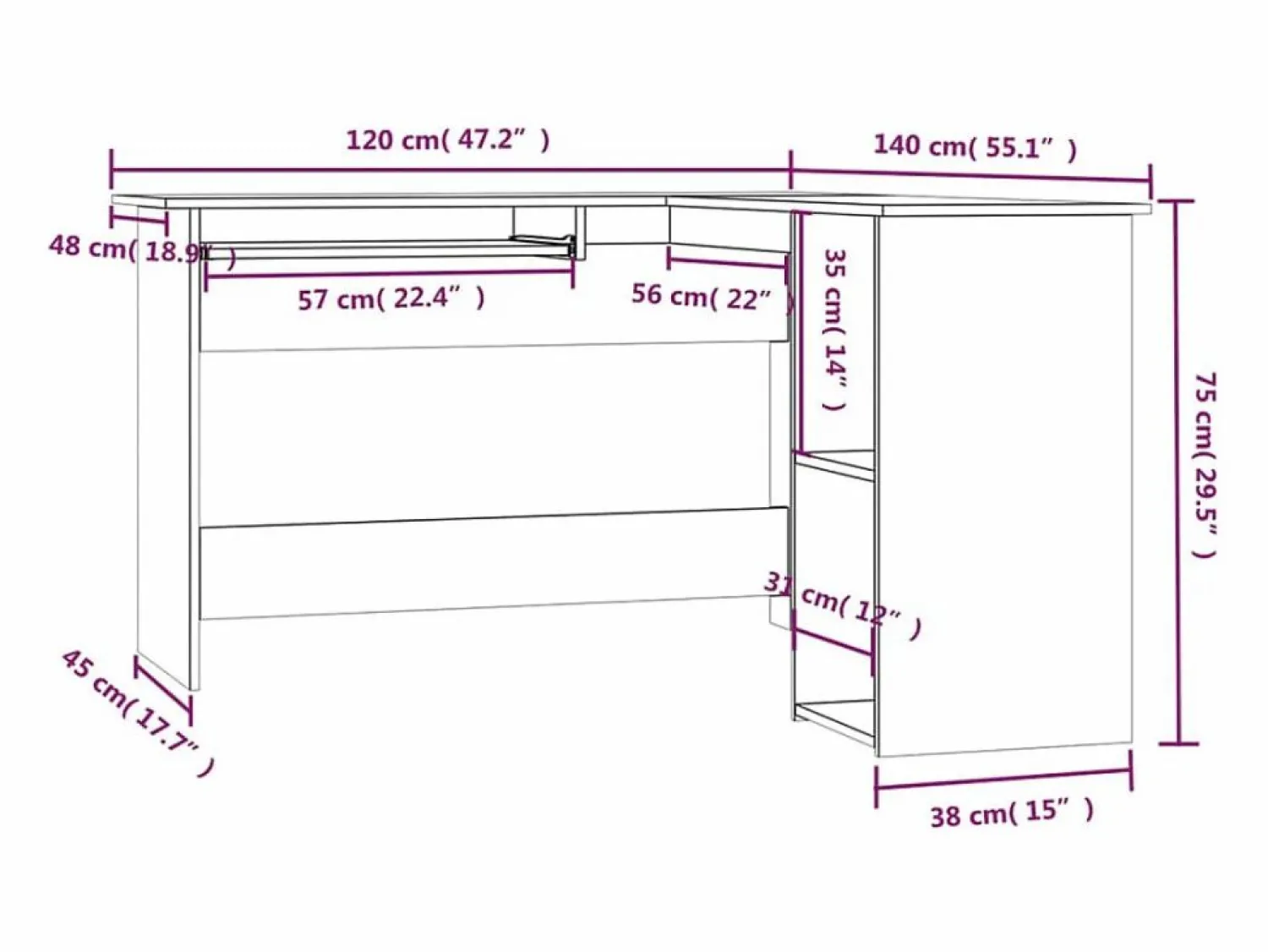 Garden Furniture Skive Escritorio esquina madera contrachapada roble humo 120x140x75cm