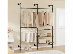 Sobuy perchero industrial de pared con 3 barras y estantes de MDF, armario abierto