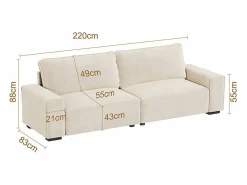 DripeX Sofá 3 plazas chenilla - con reposabrazos anchos - 220 x 83 x 88 cm Beige