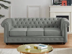 Outlet Vente-unique Sofá 3 plazas de terciopelo color gris plata CHESTERFIELD Gris claro