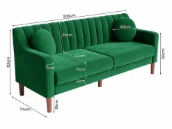 DripeX Sofá 3 plazas de terciopelo - patas de madera maciza 19cm - con 2 cojines - 206x74x83cm -