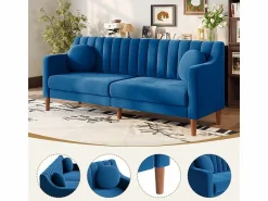 Hot Sofá 3 plazas de terciopelo - patas de madera maciza 19cm - con 2 cojines - 206x74x83cm - Todos Los Sofás|Sofá Escandinavo