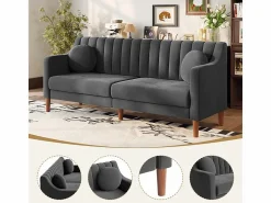 Discount DripeX Sofá 3 plazas de terciopelo - patas de madera maciza 19cm - con 2 cojines - 206x74x83cm - Gris