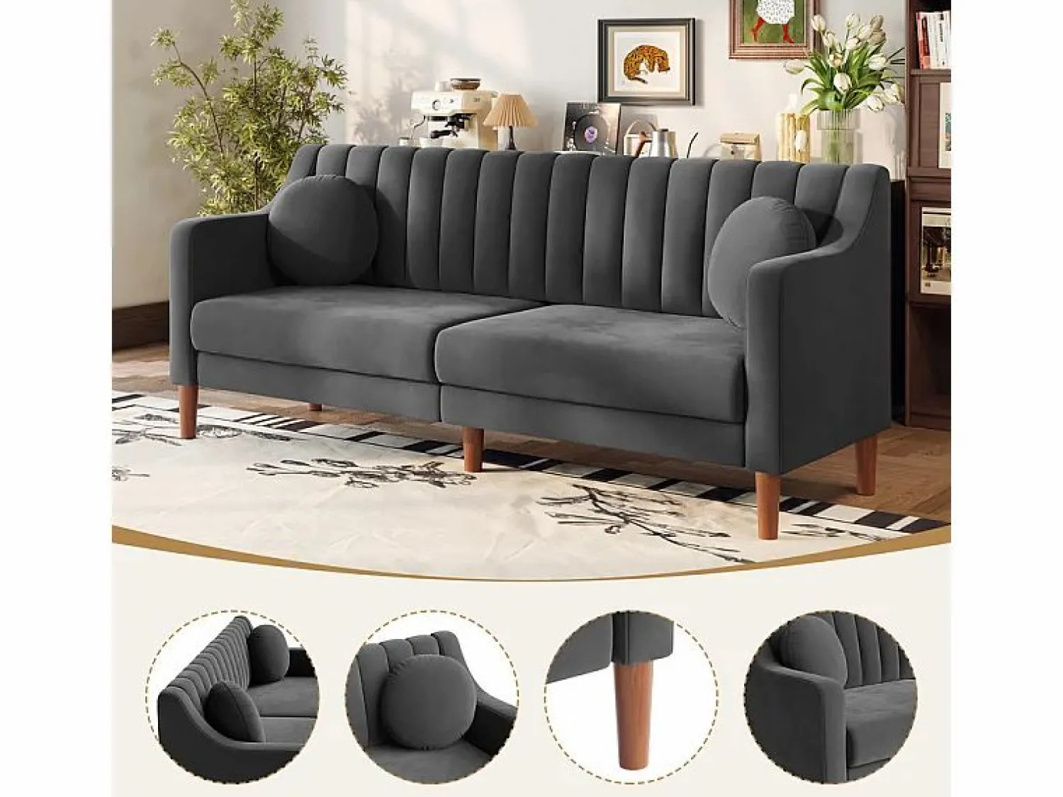 Discount DripeX Sofá 3 plazas de terciopelo - patas de madera maciza 19cm - con 2 cojines - 206x74x83cm - Gris