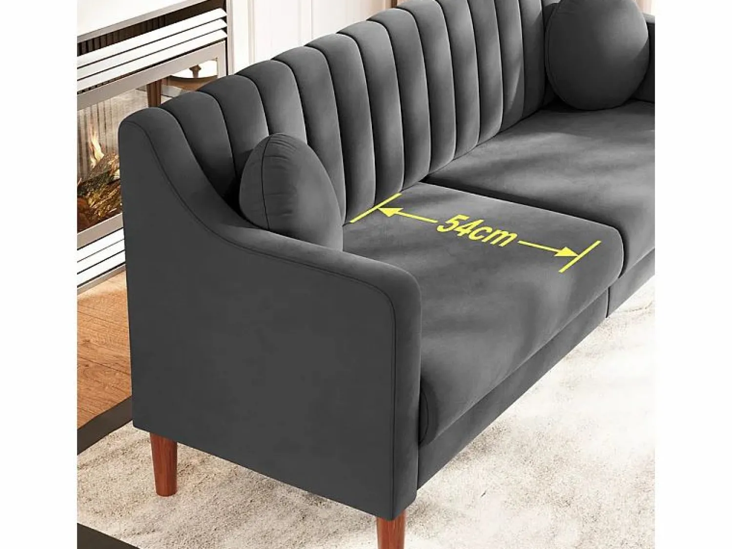 Discount DripeX Sofá 3 plazas de terciopelo - patas de madera maciza 19cm - con 2 cojines - 206x74x83cm - Gris