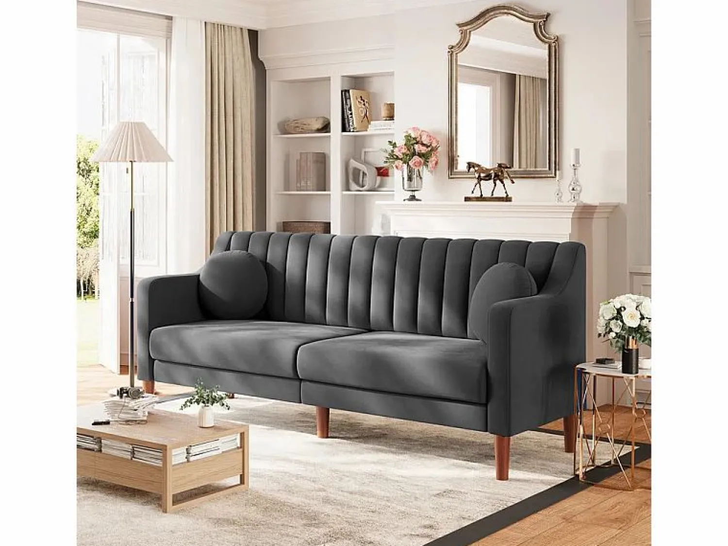 Discount DripeX Sofá 3 plazas de terciopelo - patas de madera maciza 19cm - con 2 cojines - 206x74x83cm - Gris