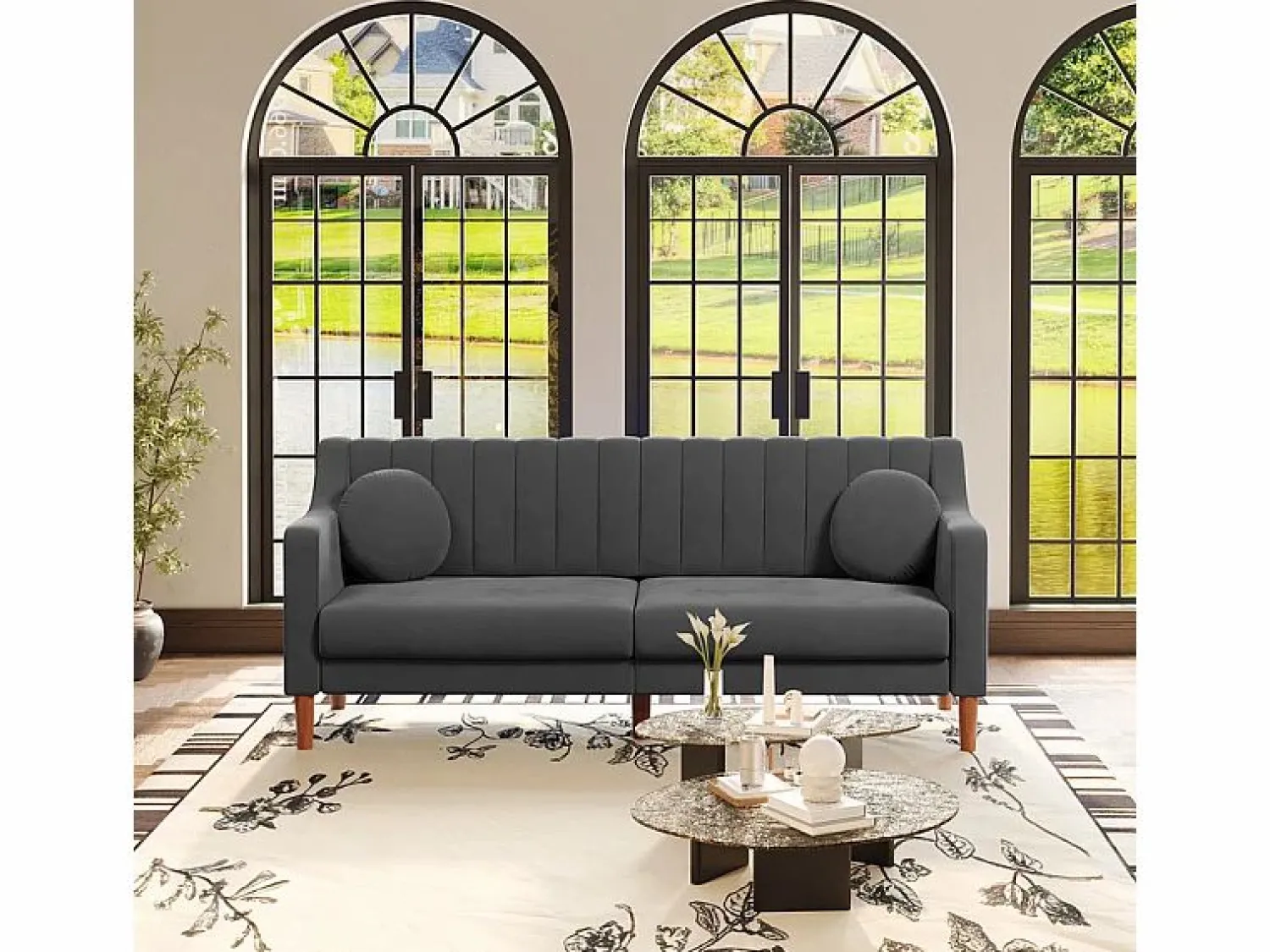 Discount DripeX Sofá 3 plazas de terciopelo - patas de madera maciza 19cm - con 2 cojines - 206x74x83cm - Gris