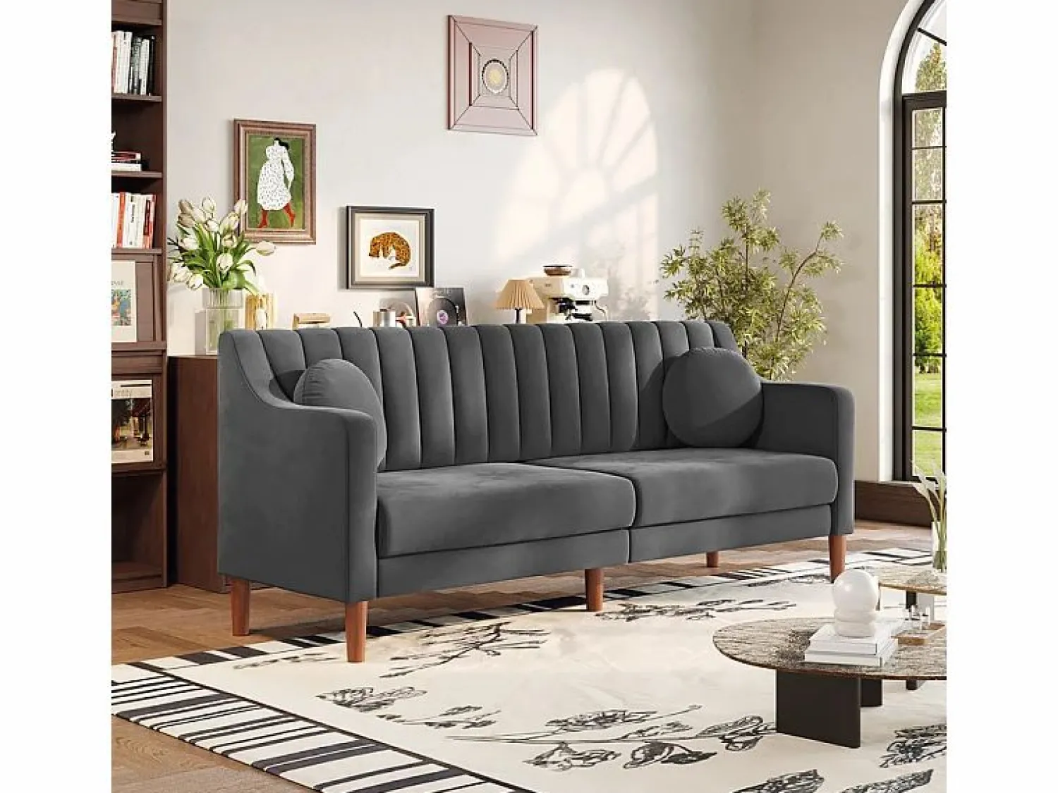 Discount DripeX Sofá 3 plazas de terciopelo - patas de madera maciza 19cm - con 2 cojines - 206x74x83cm - Gris