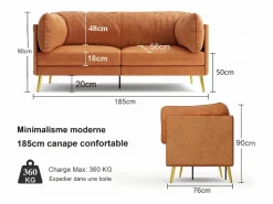 Outlet Sofá 2/3 plazas en imitación de piel, con 56 cm de profundidad y cómoda cojines de asiento, 185x76x90 cm, Todos Los Sofás|Sofás Club