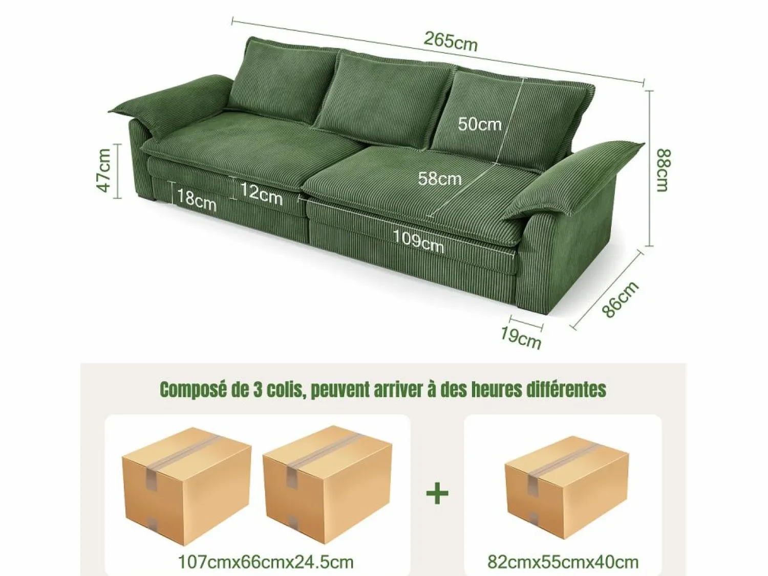 Best Sofá 3 plazas en pana, con 2 cojines de brazo, desmontables y lavables, 265x86x88cm, Todos Los Sofás|Sofá De Terciopelo