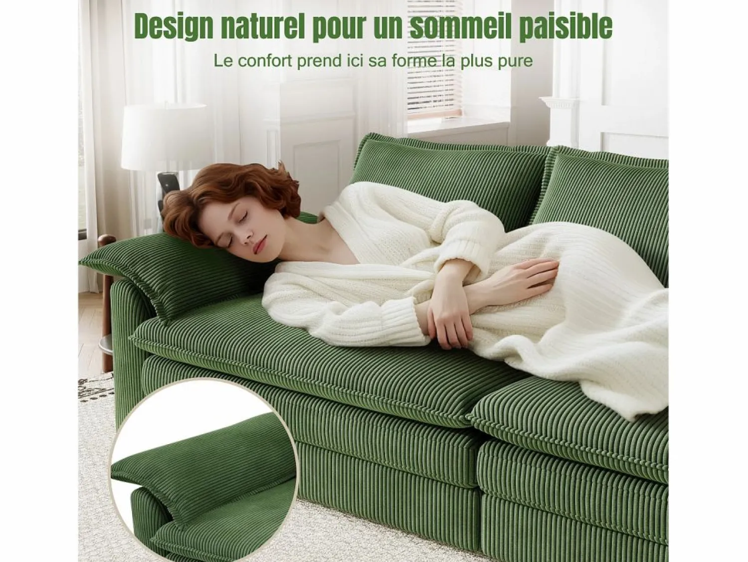 Best Sofá 3 plazas en pana, con 2 cojines de brazo, desmontables y lavables, 265x86x88cm, Todos Los Sofás|Sofá De Terciopelo